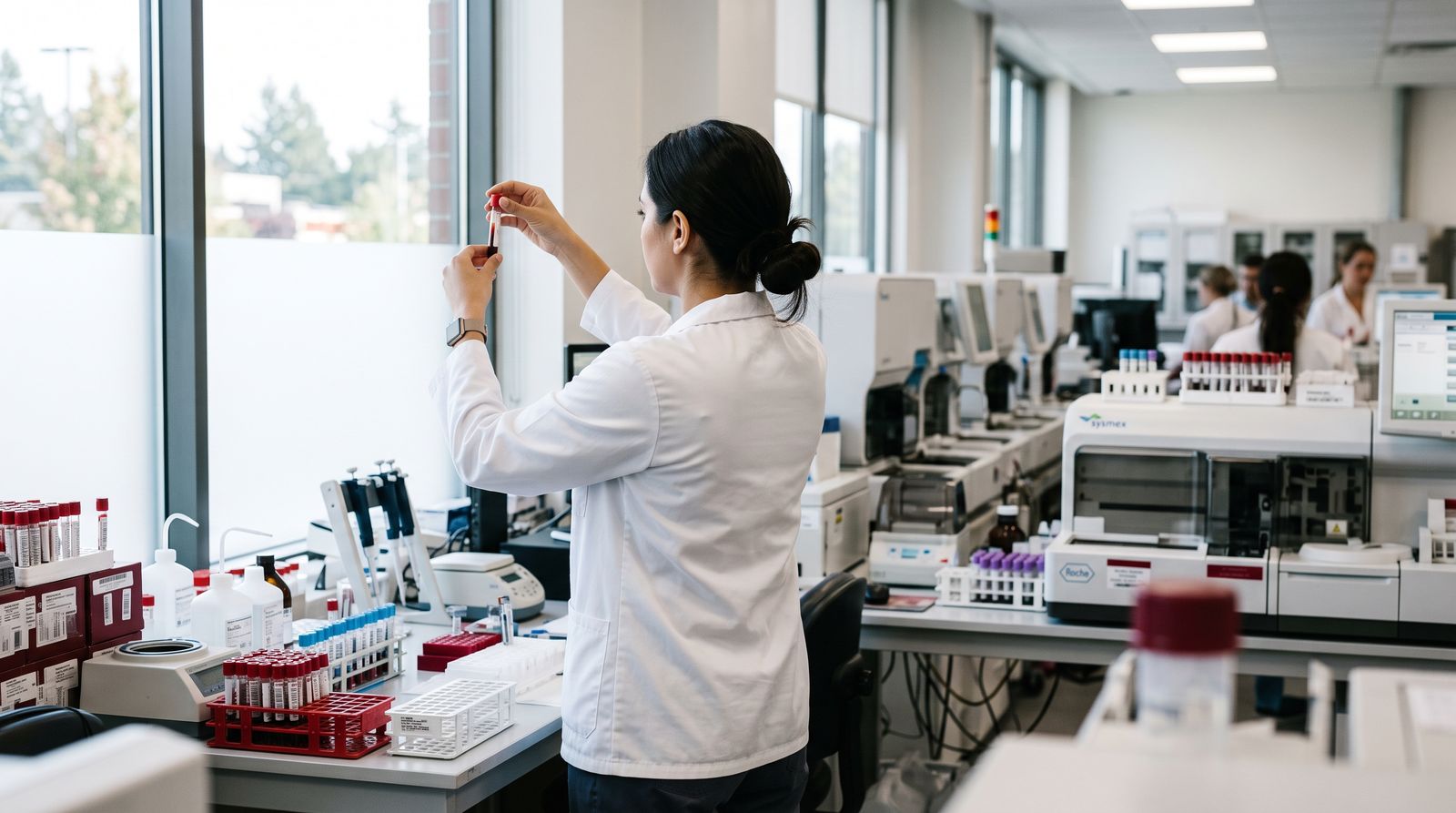 Lab technician examining a blood sample vial in a modern diagnostics laboratory