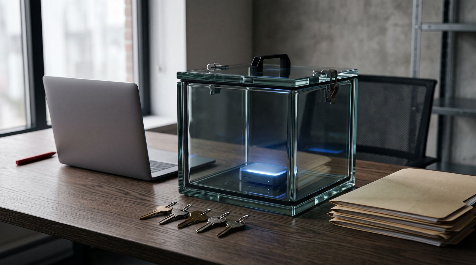 A small glowing device sealed inside a glass containment box on a desk, with keys laid out beside it