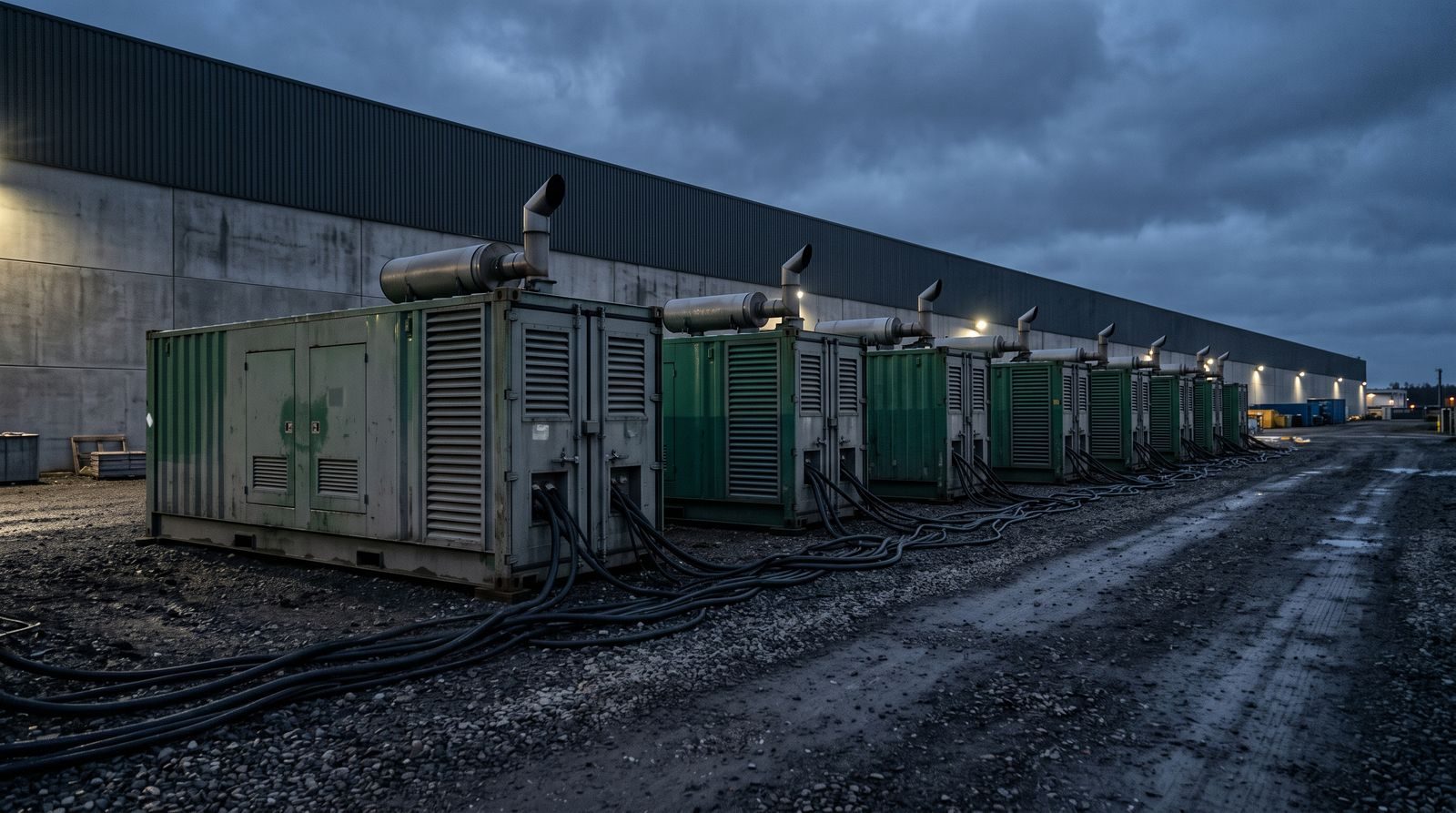 Modular mobile generator units cabled up outside a large industrial building at dusk