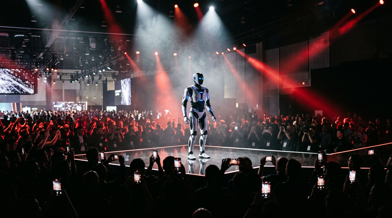 Humanoid robot on a conference expo stage in front of a crowd