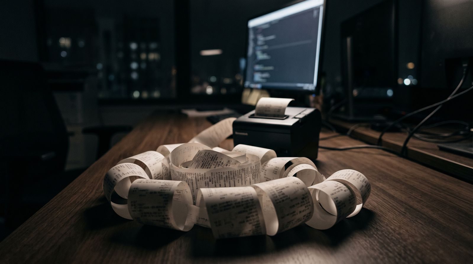 A receipt printing itself in an empty darkened office at night