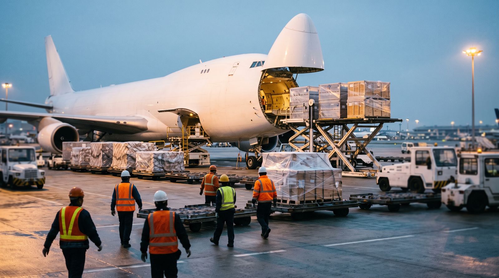 Freighter aircraft being loaded with crated electronics pallets at an Asian air cargo terminal at dawn