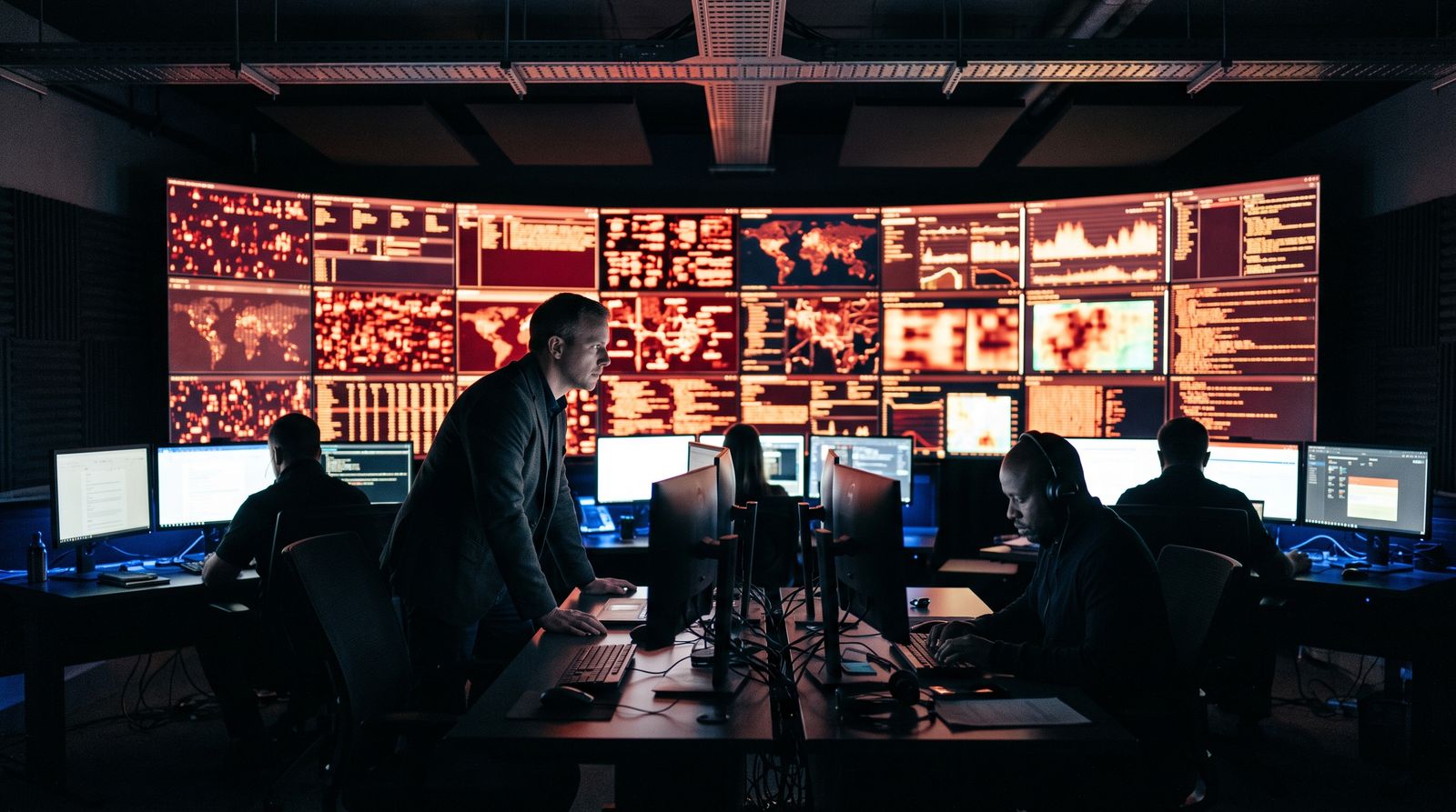 Analysts in a dark security operations center facing a wall of warning screens