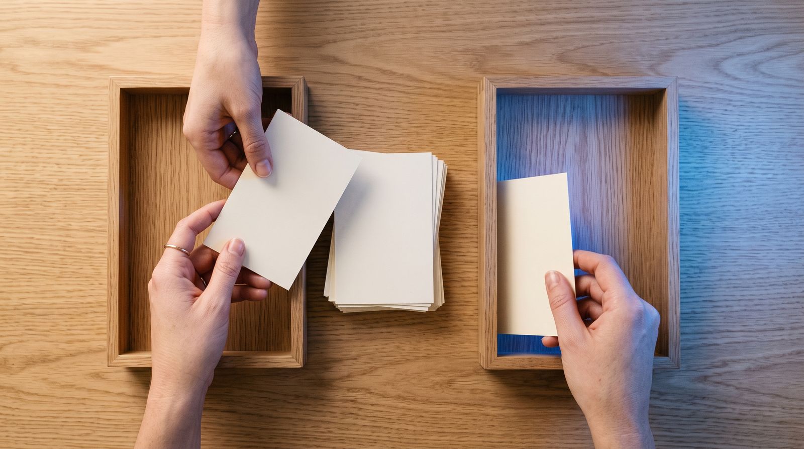 Overhead view of hands sorting blank cards into two trays, one lit warm and one lit cool blue, on a clean desk