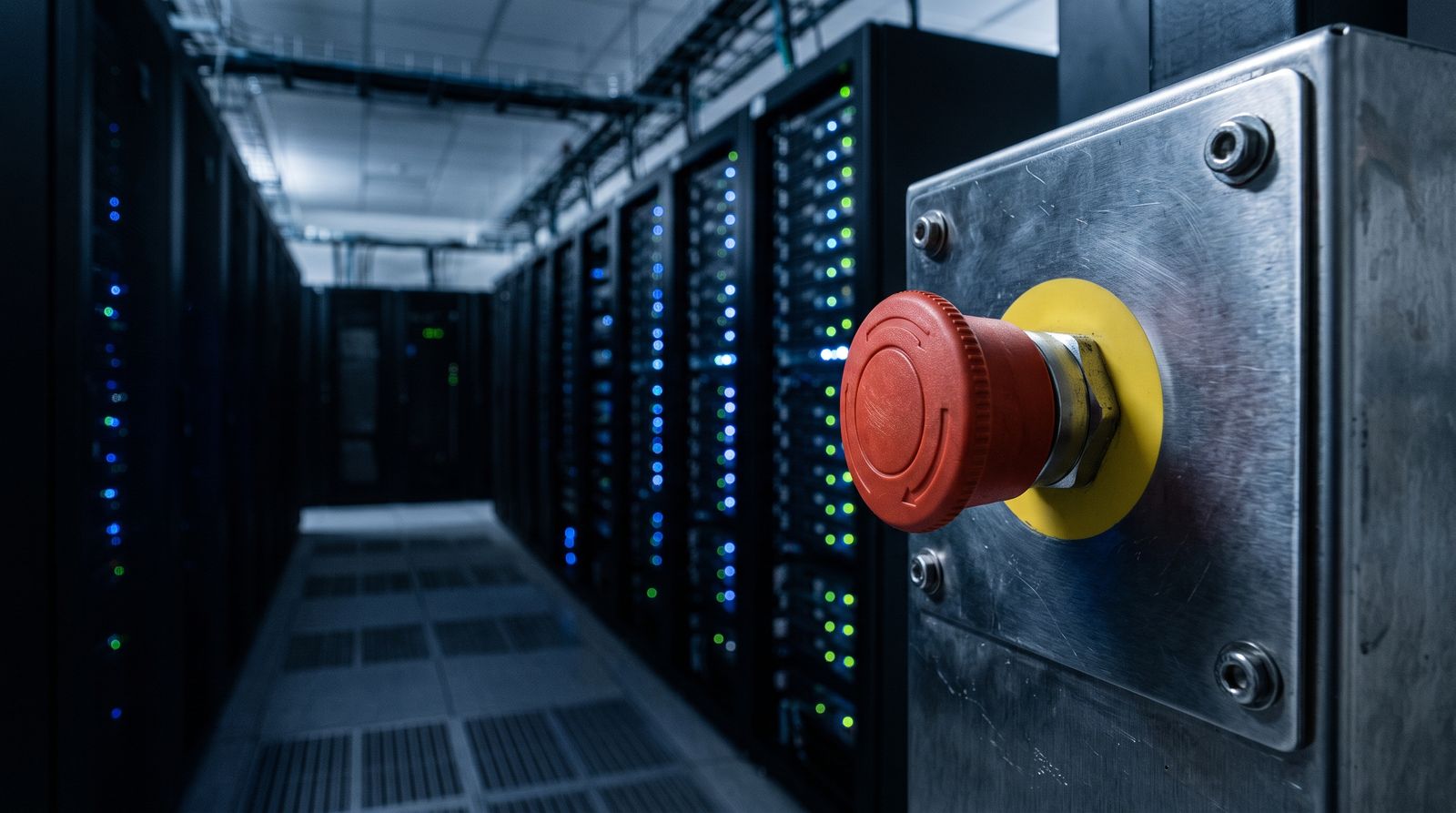 A red emergency stop button on a panel in a data center server aisle