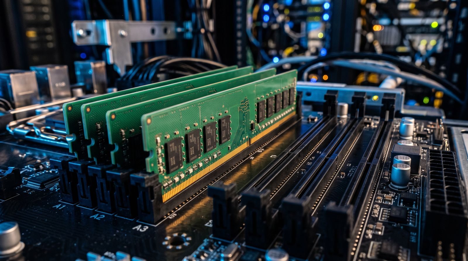 Row of server memory modules in motherboard slots with several slots empty