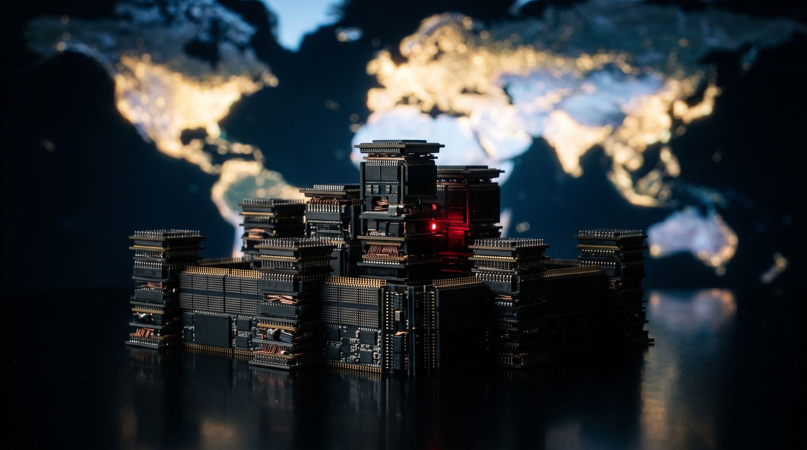 Stacked memory chips under dramatic lighting with a world map glowing in the background