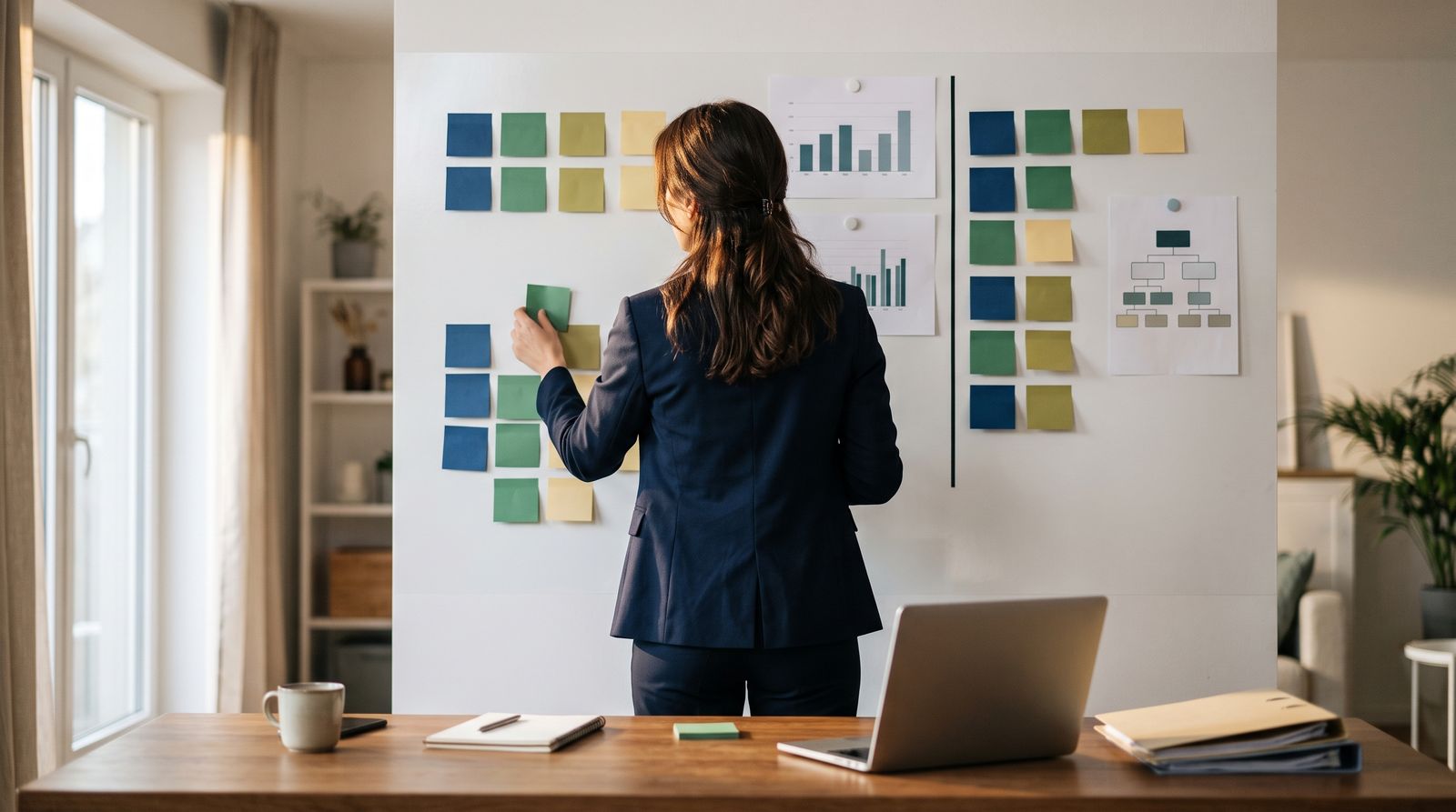 A professional organizes a wall of blank sticky notes into two columns