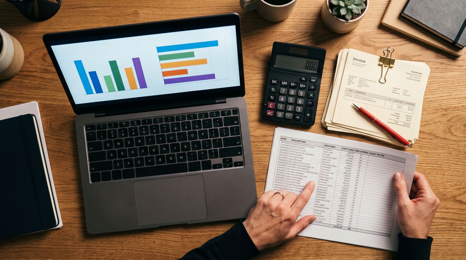 Overhead view of a desk with laptop, calculator and invoices during a spending review