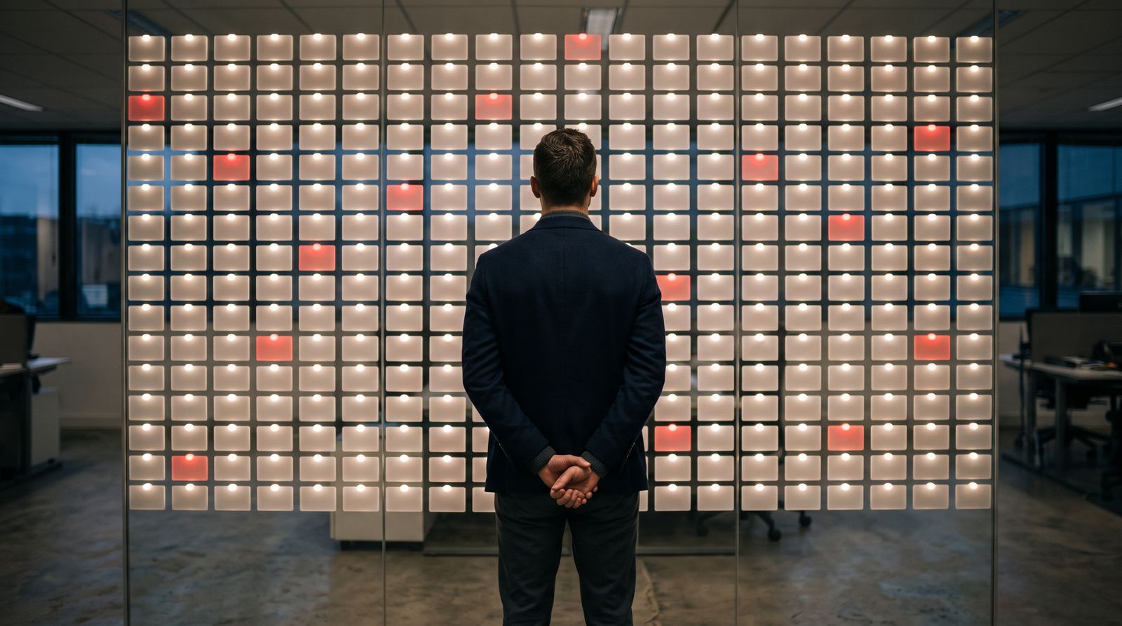 A wall of glowing status cards, a few burning red among the white