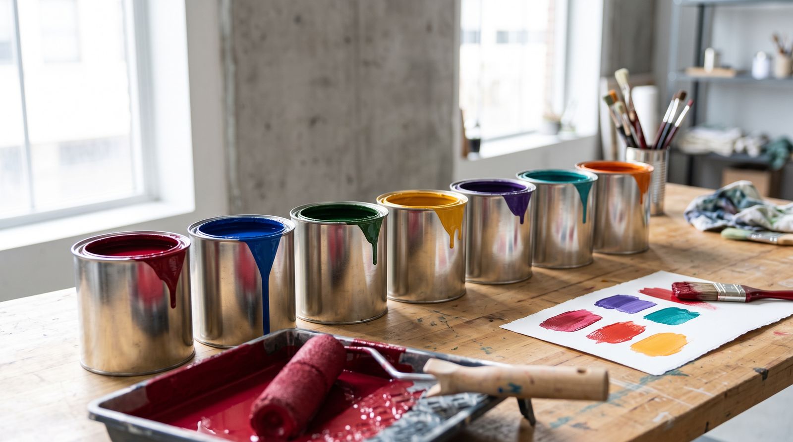 Open cans of brightly colored paint and a roller on an industrial workbench