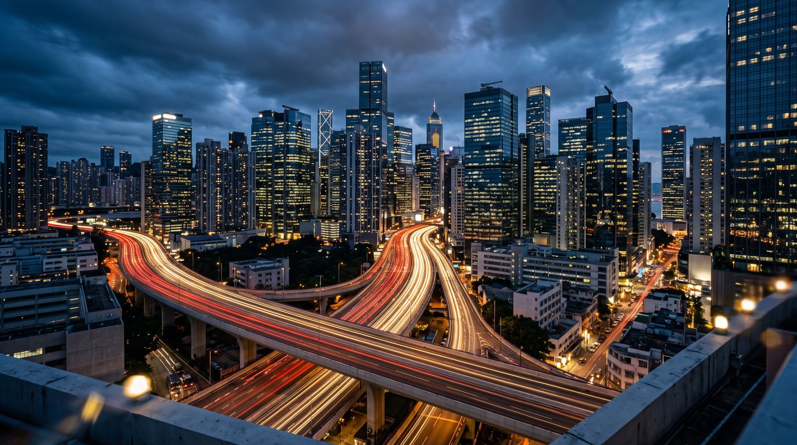 An East Asian financial district skyline at blue-hour dusk