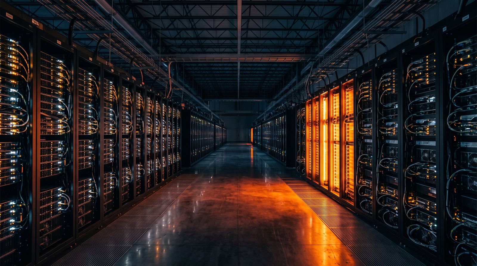 Rows of glowing server racks in a massive data center at night