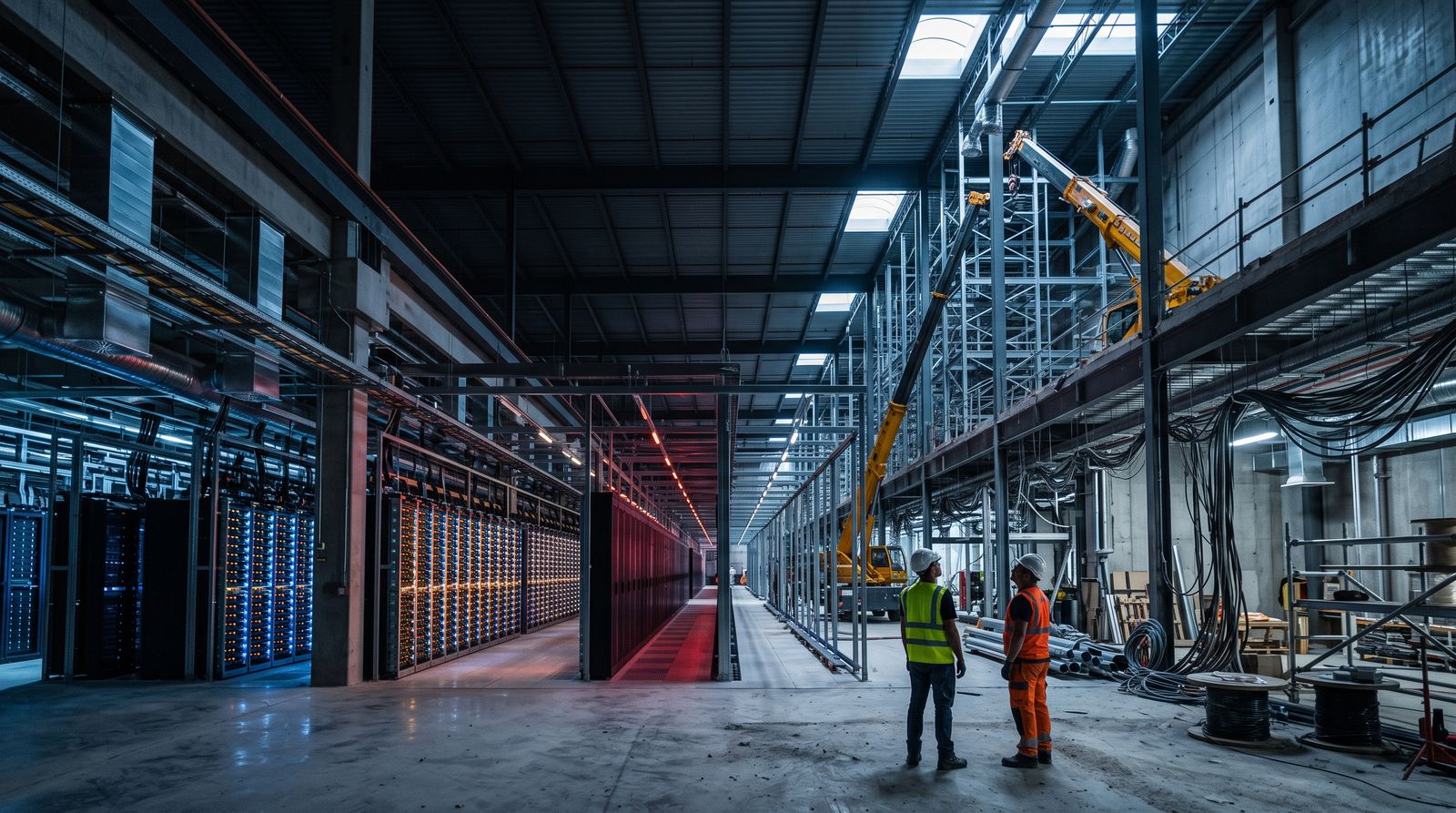 Workers dwarfed by server racks in a data center under construction