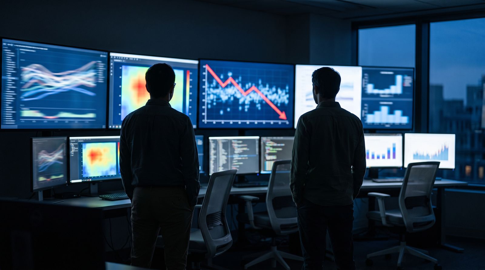 Engineers silhouetted before monitors showing a falling red chart
