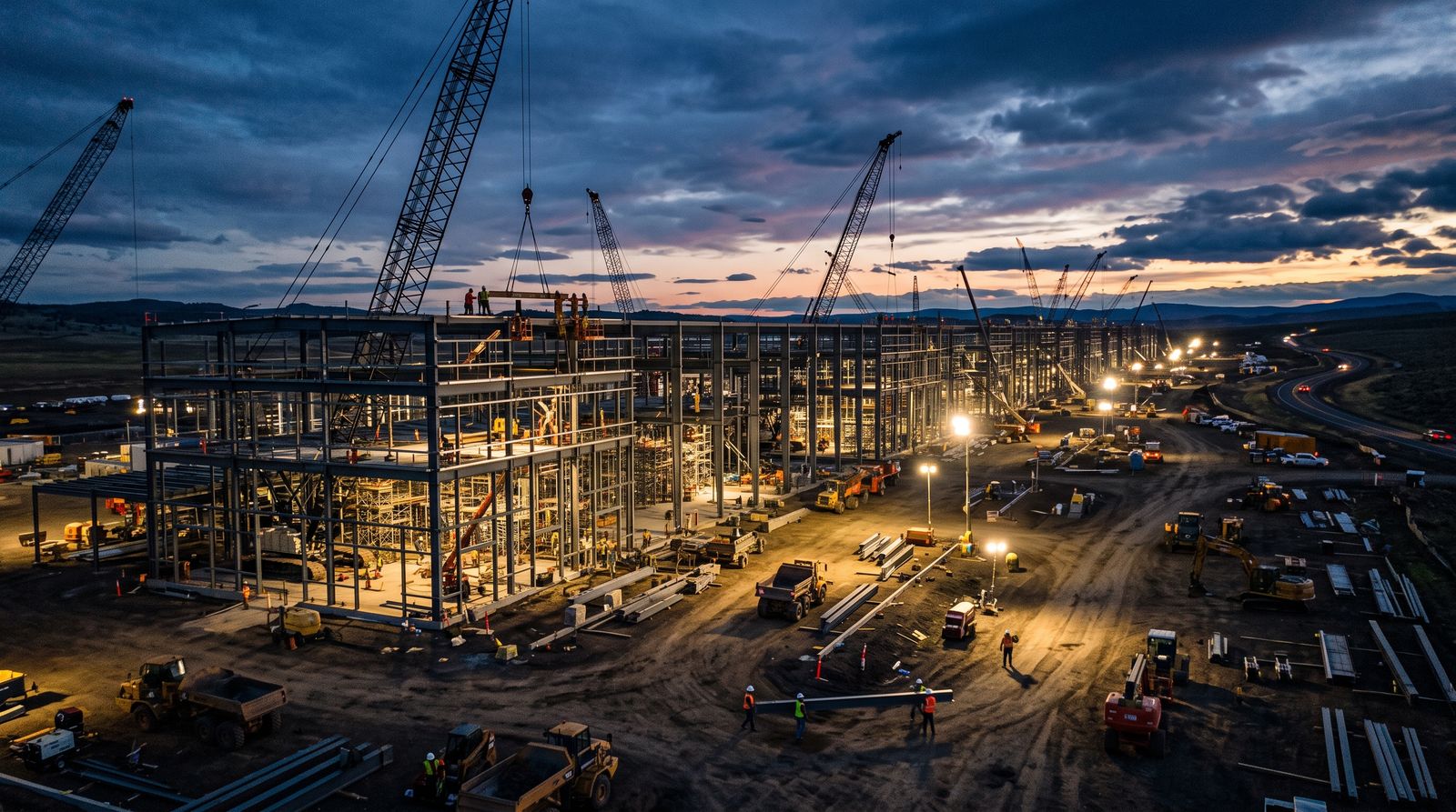 Hyperscale data center under construction at dusk with cranes and floodlights
