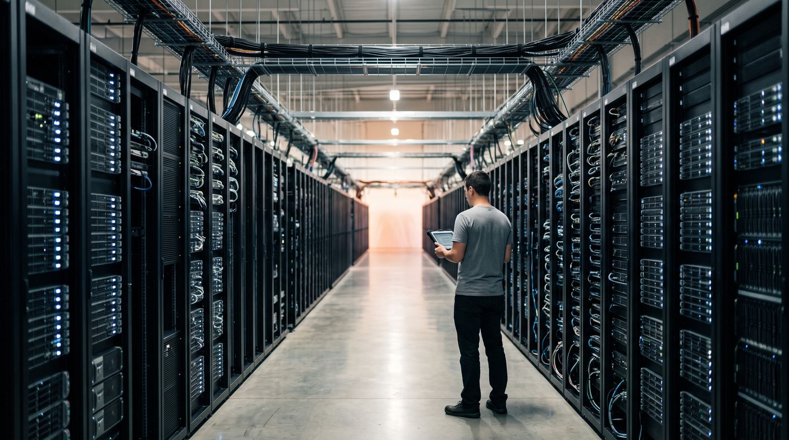 Rows of server racks in a large data center hall with an anonymous technician standing in the aisle