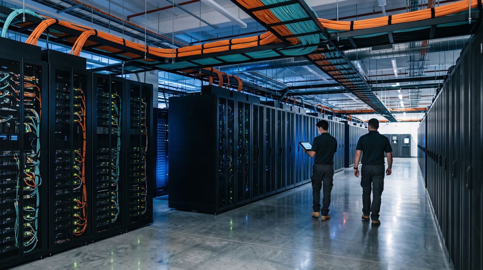 Rows of AI server racks in a data center with technicians walking between them