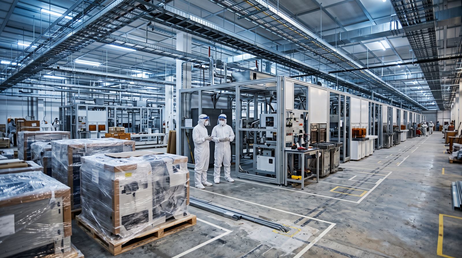 Workers in cleanroom suits stand among half-installed equipment bays in an unfinished chip fabrication facility.