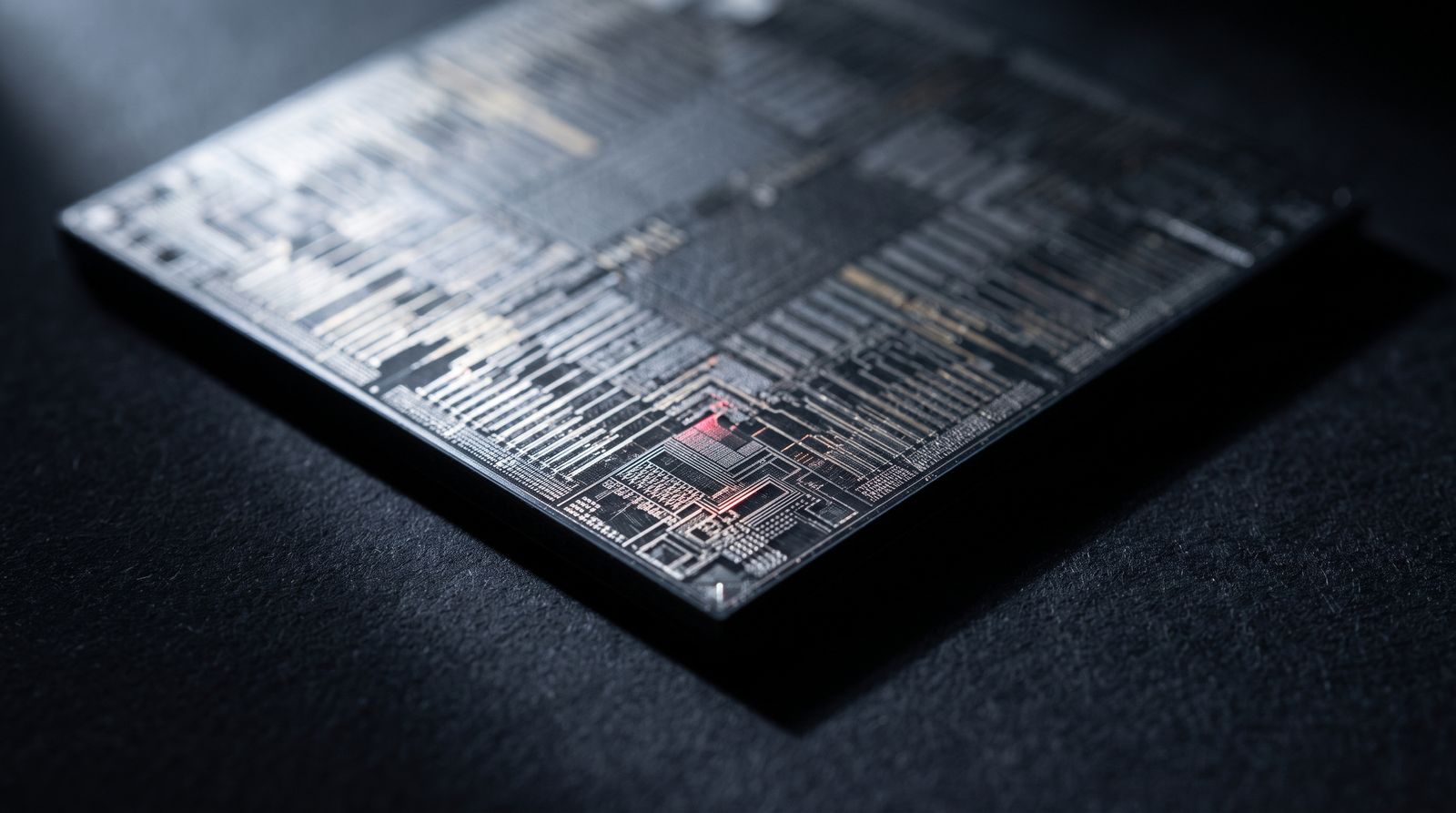 Macro photograph of a semiconductor die showing etched metal interconnect layers under raking light