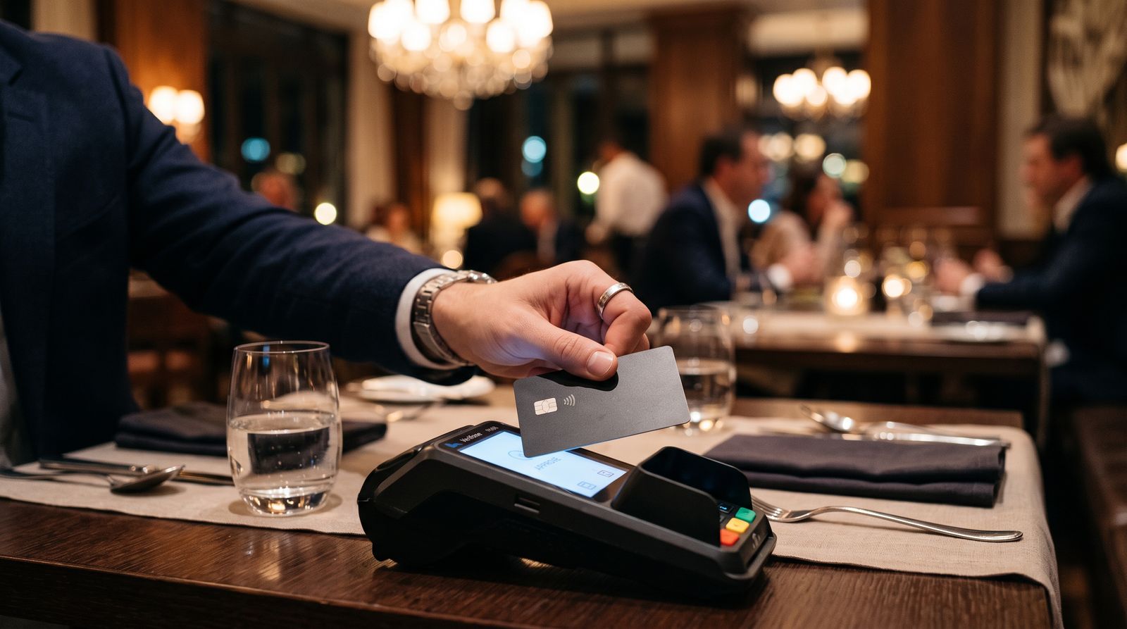 Customer paying with a premium metal card at an upscale restaurant