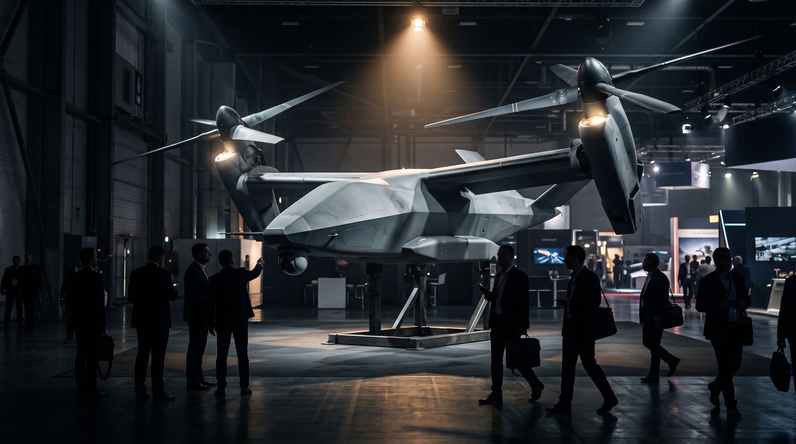 Autonomous military tiltrotor aircraft on display in a dark exhibition hangar