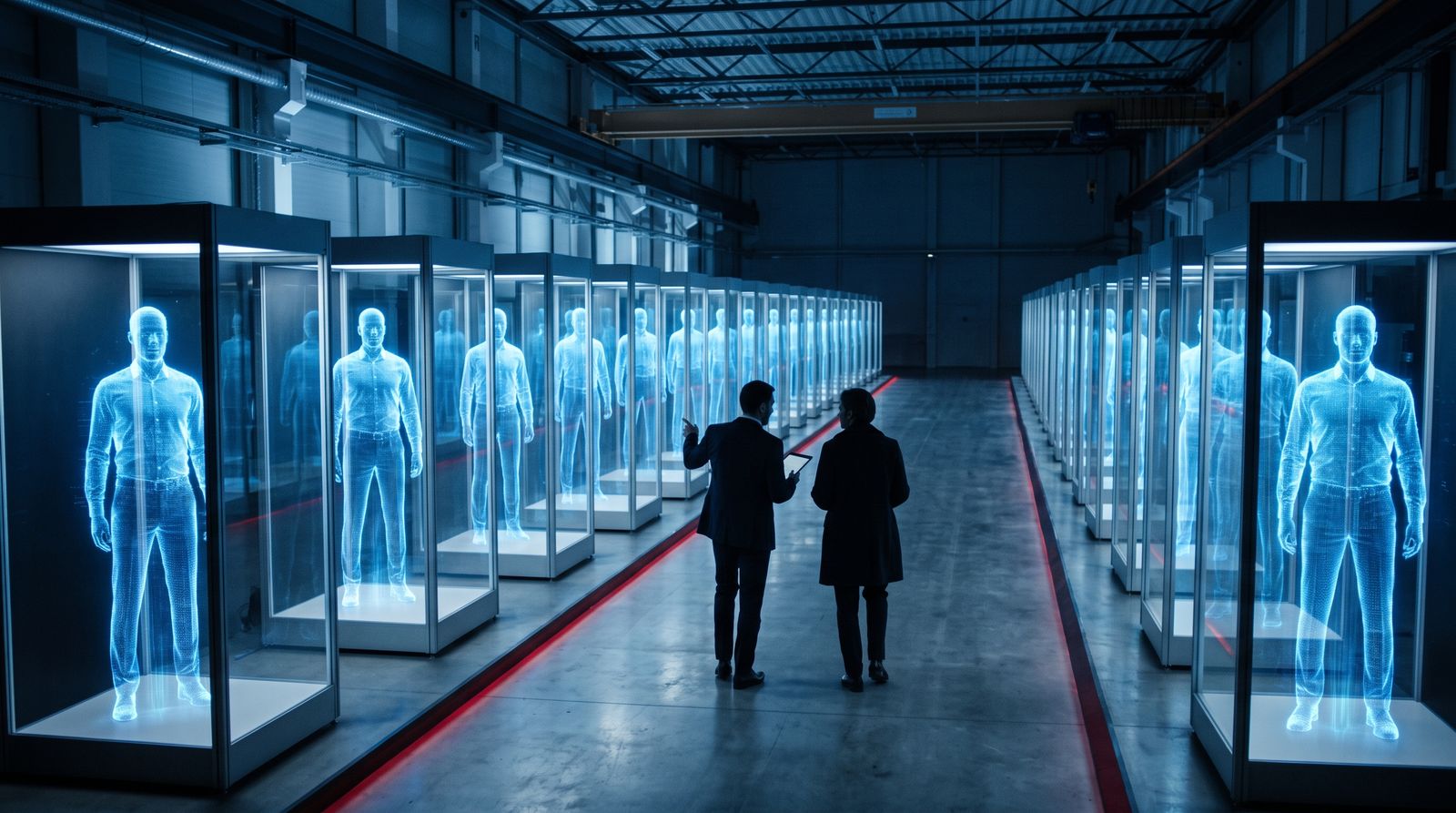 Rows of glowing holographic digital workers displayed like products in a vast dark showroom