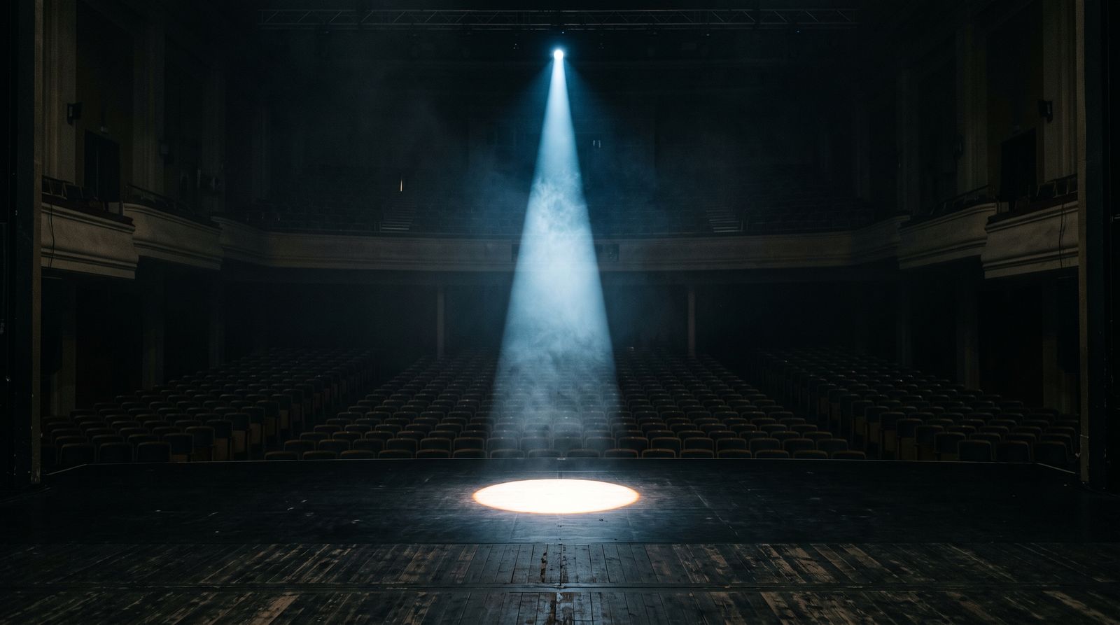 A single spotlight illuminating a small bright area on a dark, empty theater stage