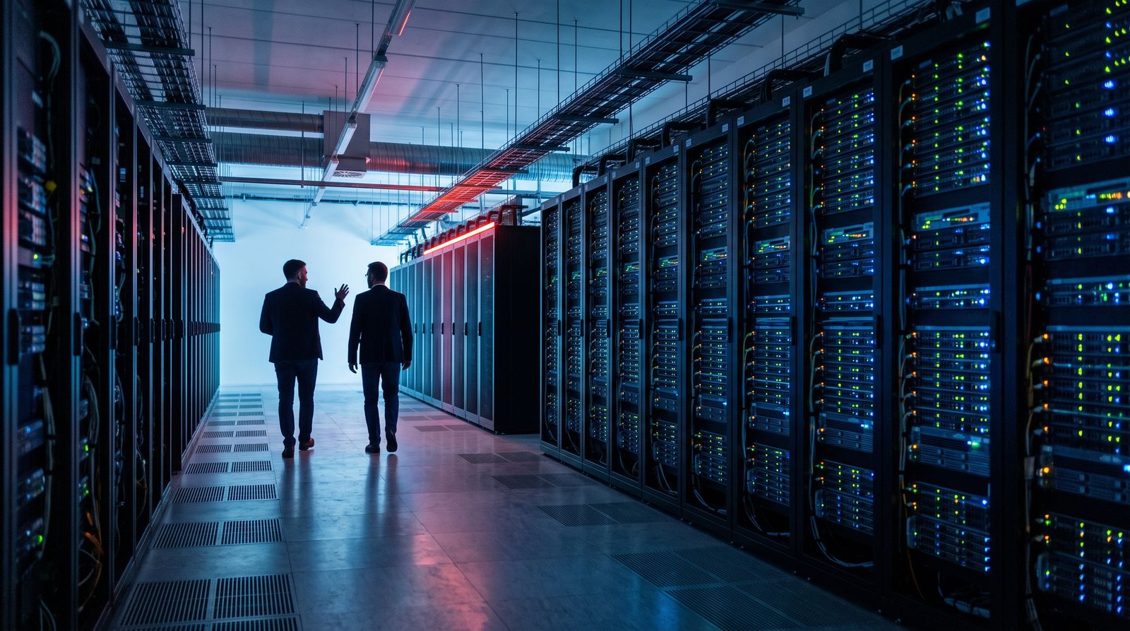 Two silhouetted figures tour a vast data center aisle lined with glowing server racks