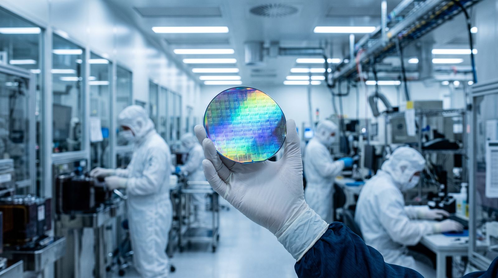 Gloved hand holding a silicon wafer in a chip fabrication cleanroom
