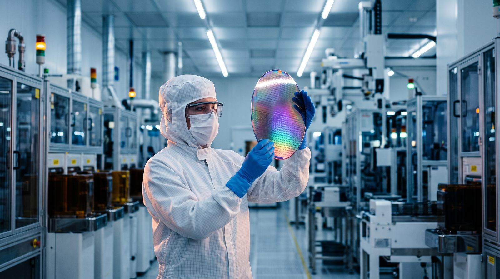 A technician in a cleanroom bunny suit holds a polished silicon wafer catching iridescent light
