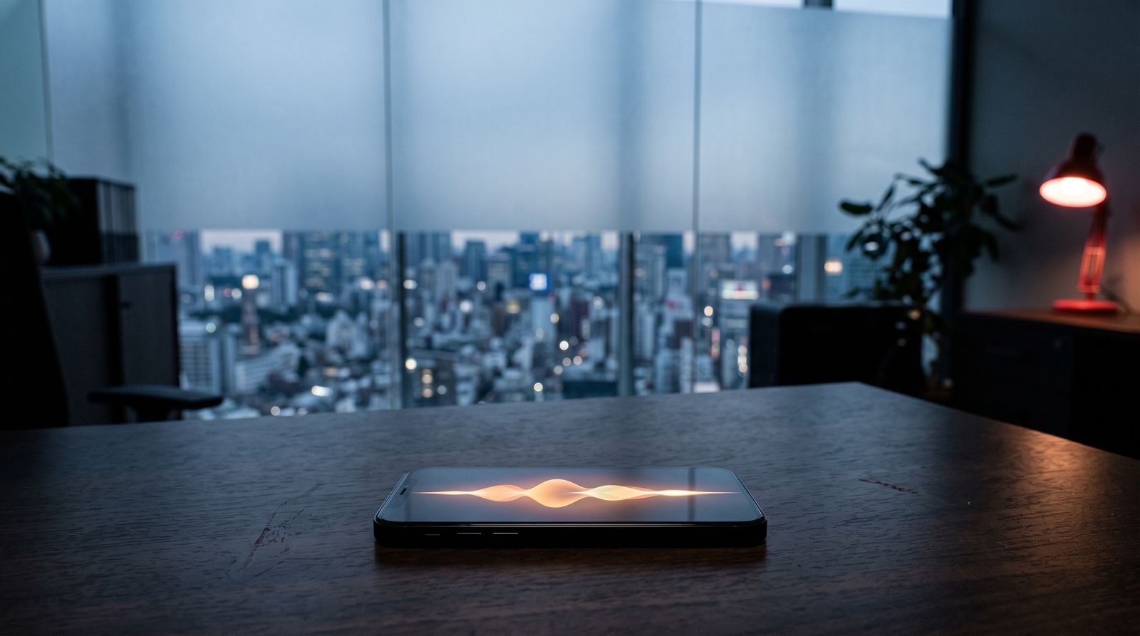 A smartphone on a desk displaying an abstract voice-assistant waveform, with a blurred city skyline beyond frosted glass