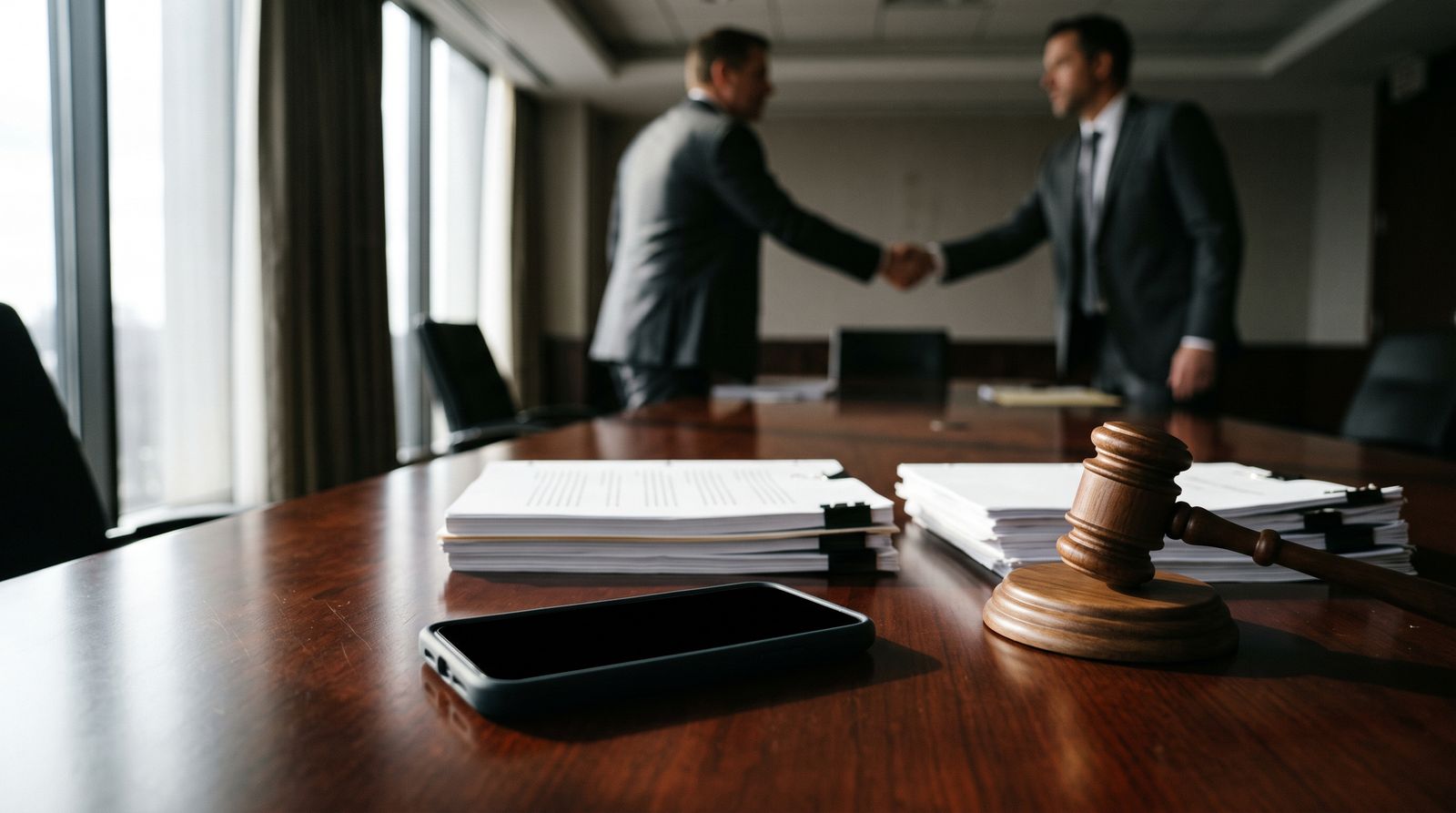 Smartphone and gavel on a conference table as two figures shake hands