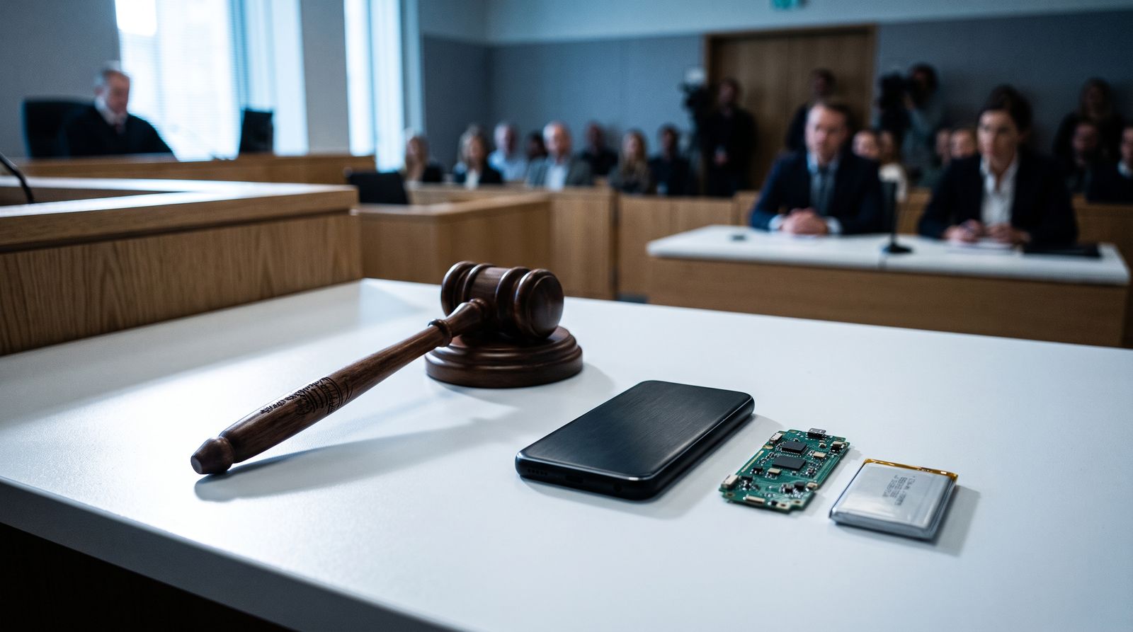 A judge's gavel beside a sleek screenless prototype device and disassembled electronic components on a white studio table, evoking a corporate trade-secret lawsuit over hardware