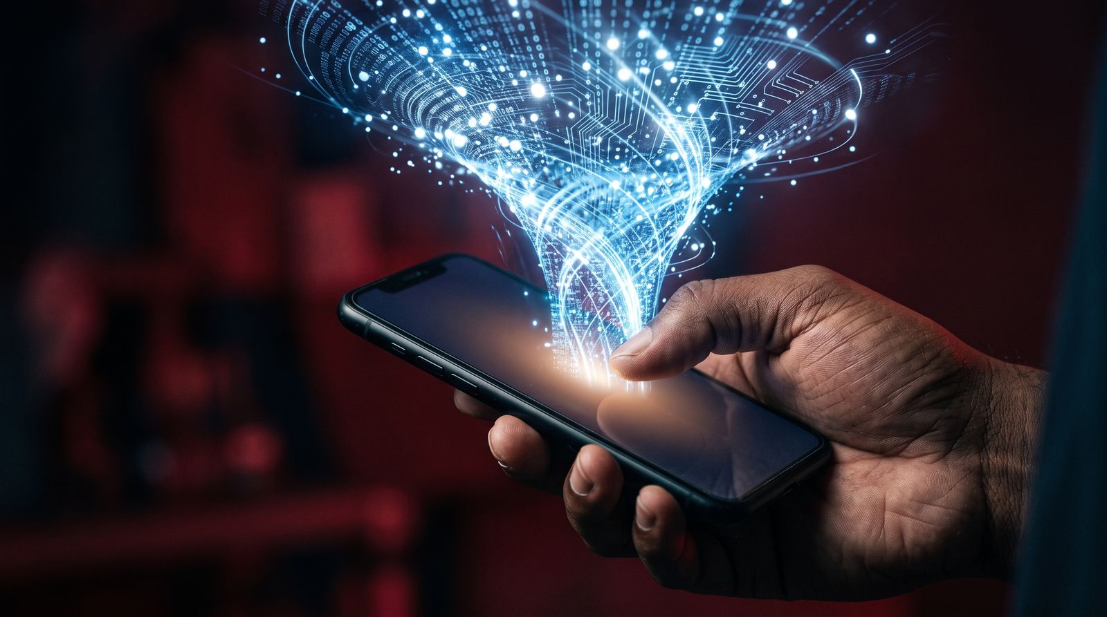 Data streams compressing into a smartphone held in a hand