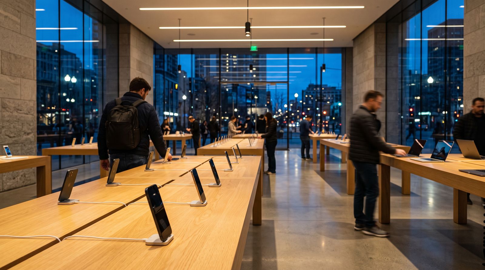Shoppers browsing devices in a modern electronics store at dusk