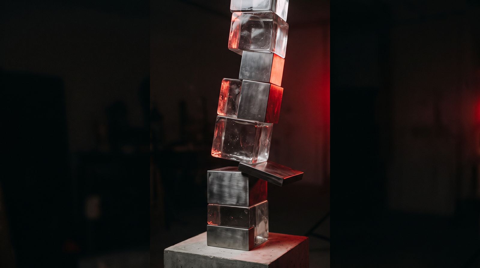 A tower of stacked glass blocks tilting because one block near the base has slipped out of alignment