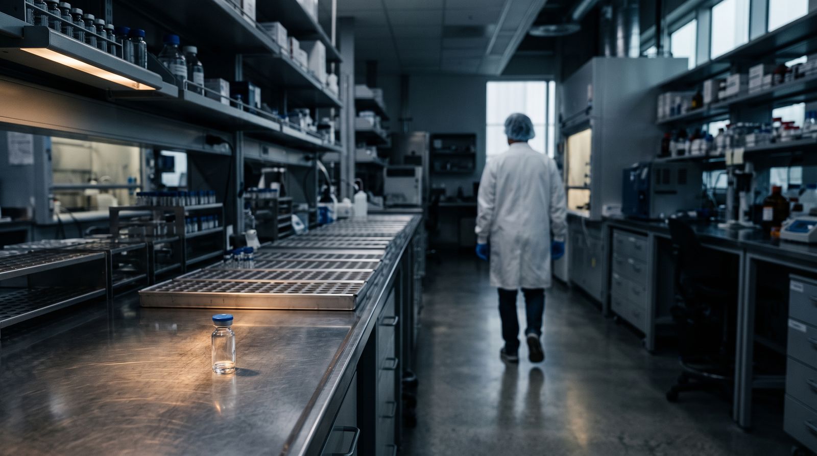 A single illuminated glass vial on a laboratory bench with rows of empty vial racks fading into shadow behind it