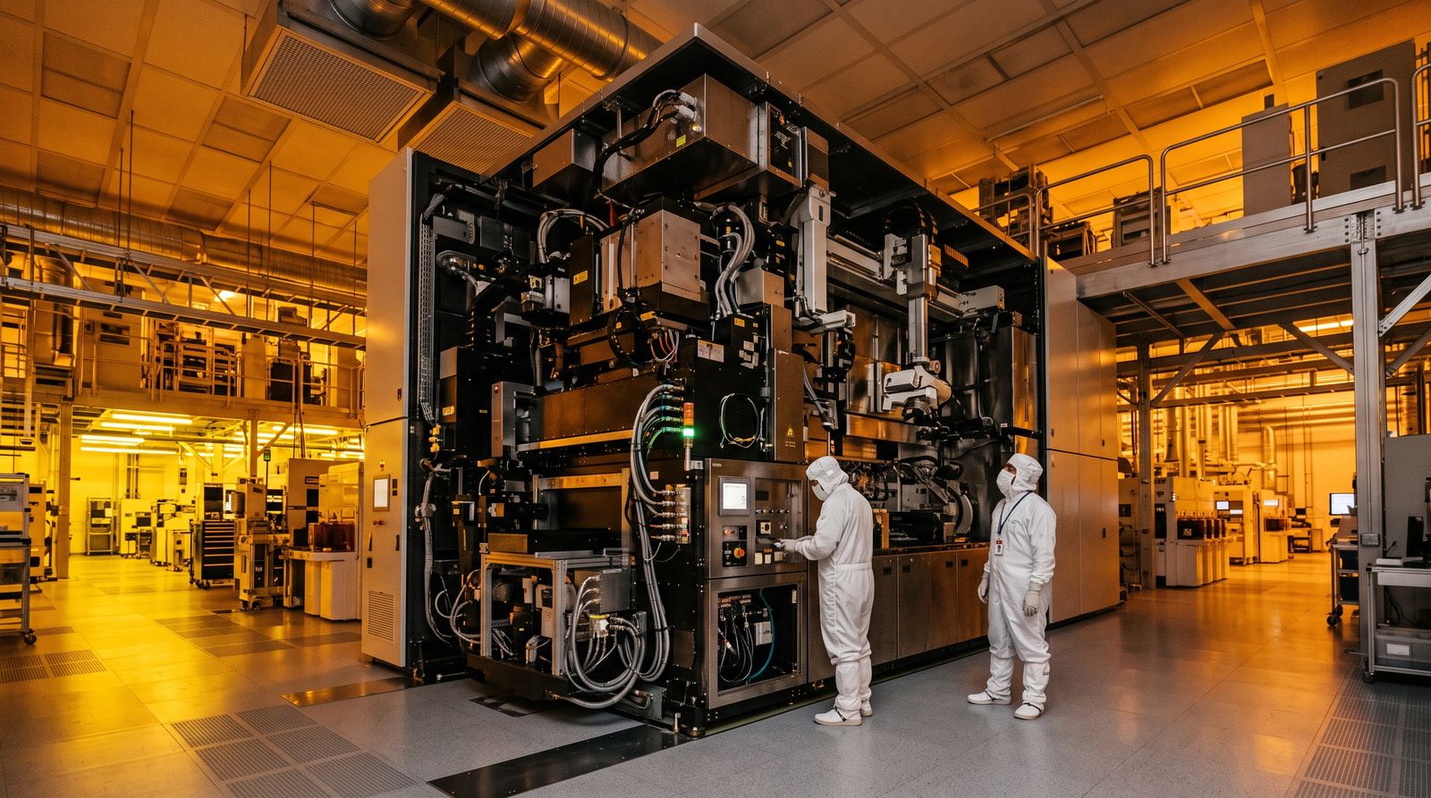 Engineers in cleanroom suits beside a massive chip lithography machine