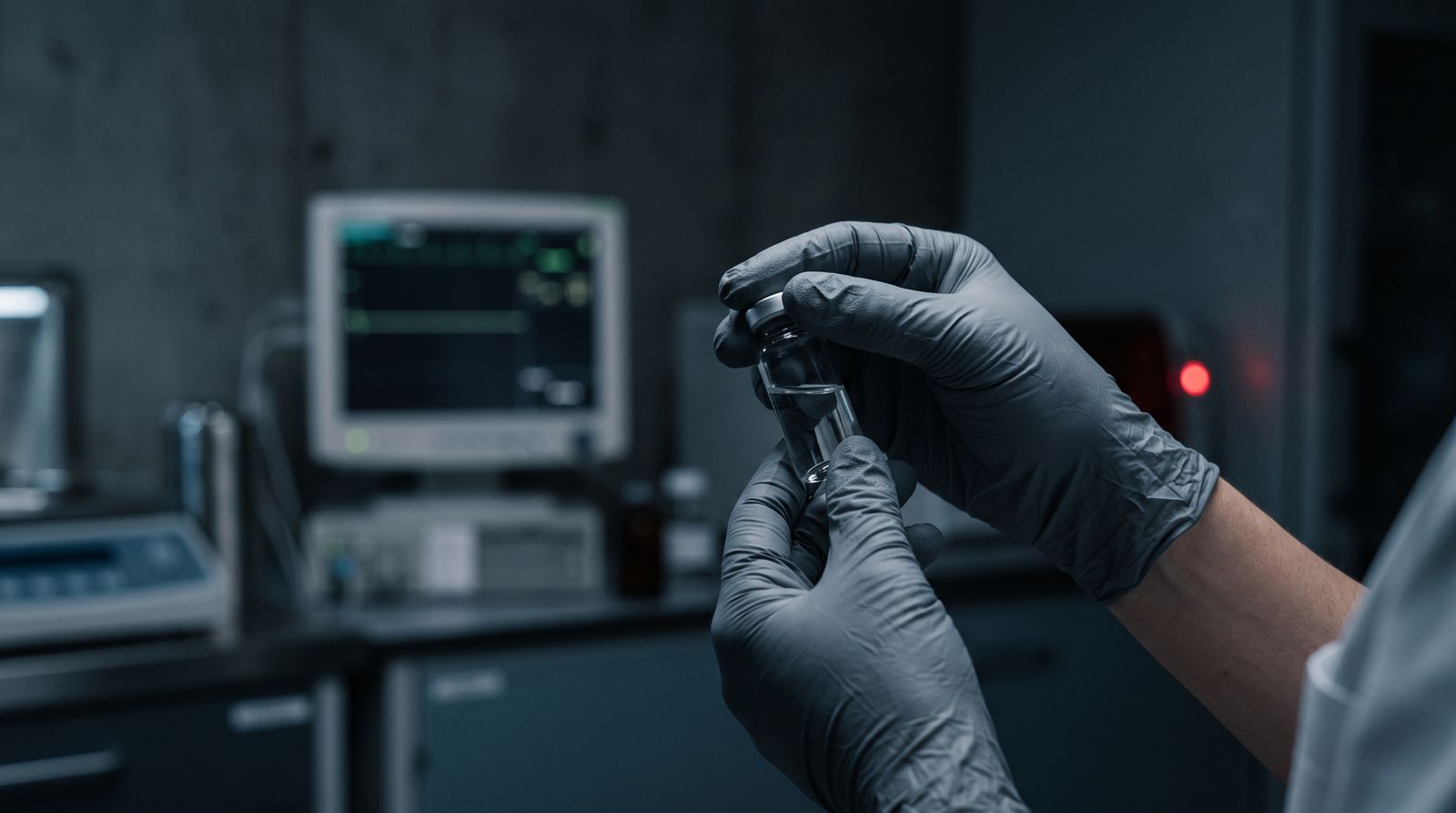 Gloved hands hold a single glass vial in a dim pharmaceutical lab, a flatlined cardiac monitor glowing behind