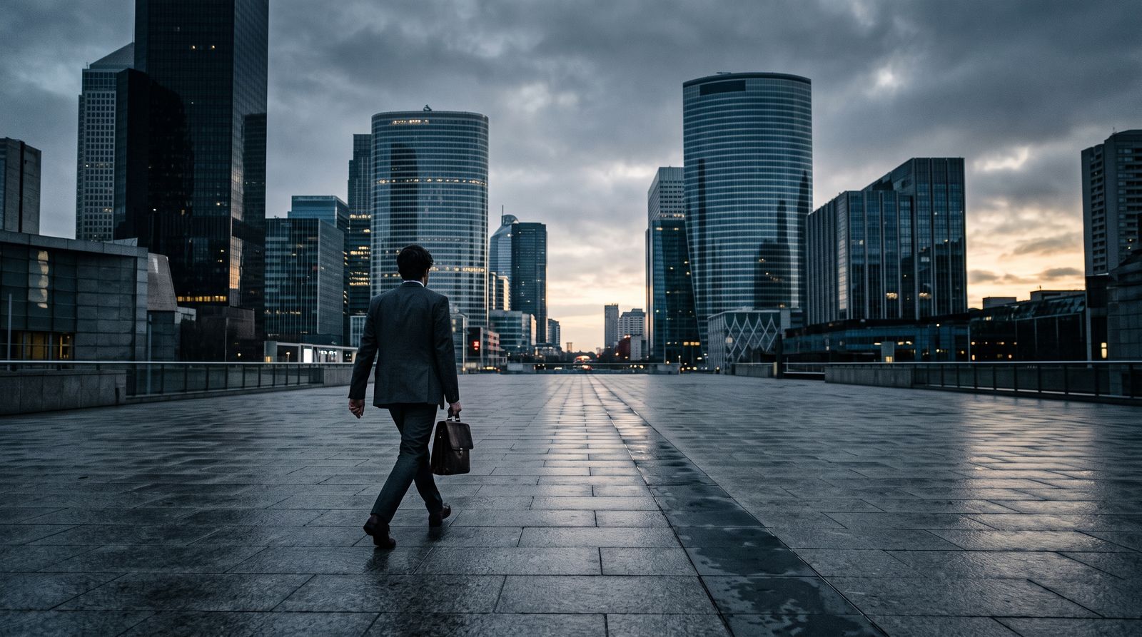 Skyscrapers of a financial district at dawn as a lone figure crosses an empty plaza before a big trading day
