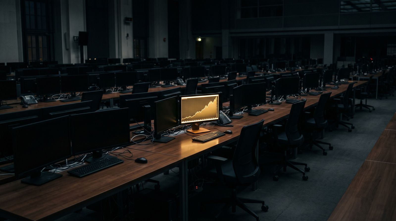 A single glowing screen with a rising golden chart line on an otherwise dark, empty trading floor
