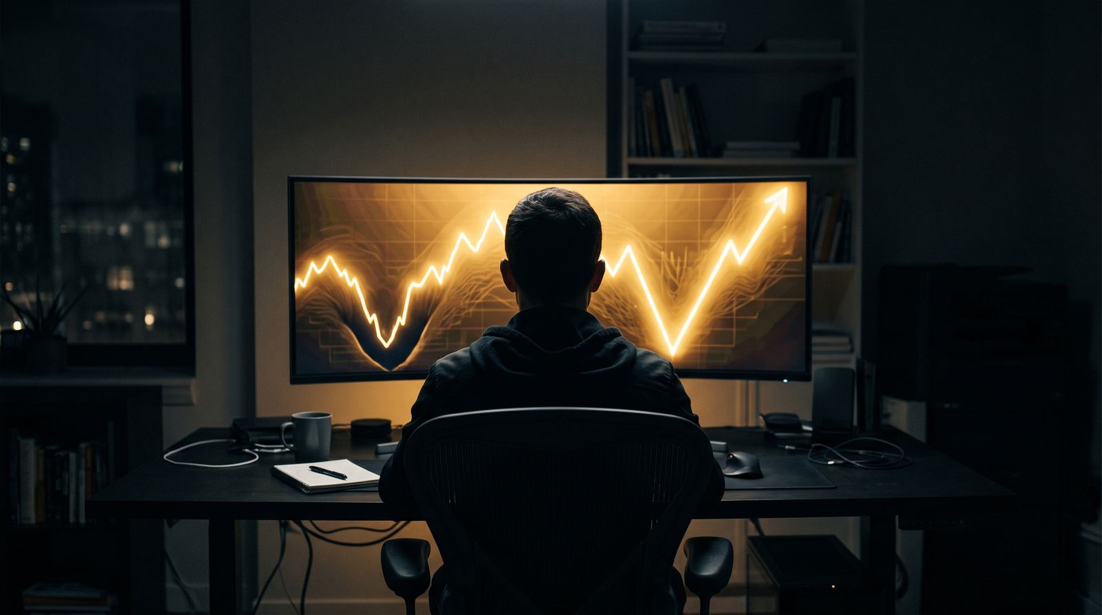 Investor watching a golden chart line rebound from a deep low