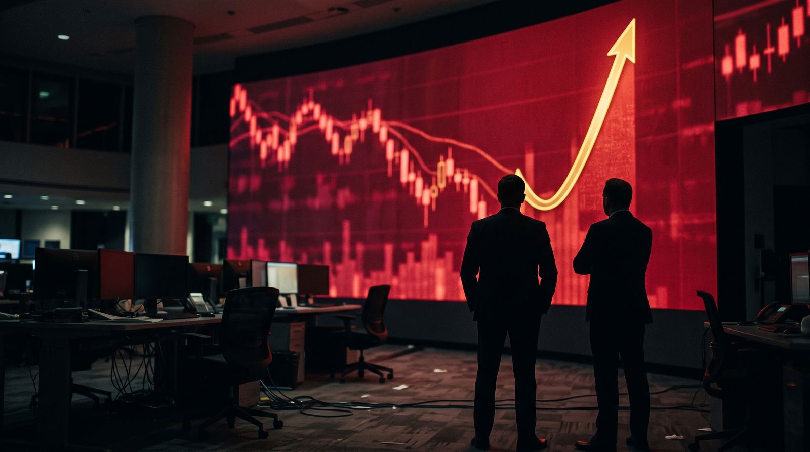 Traders watch a golden line turn upward on a red wall display