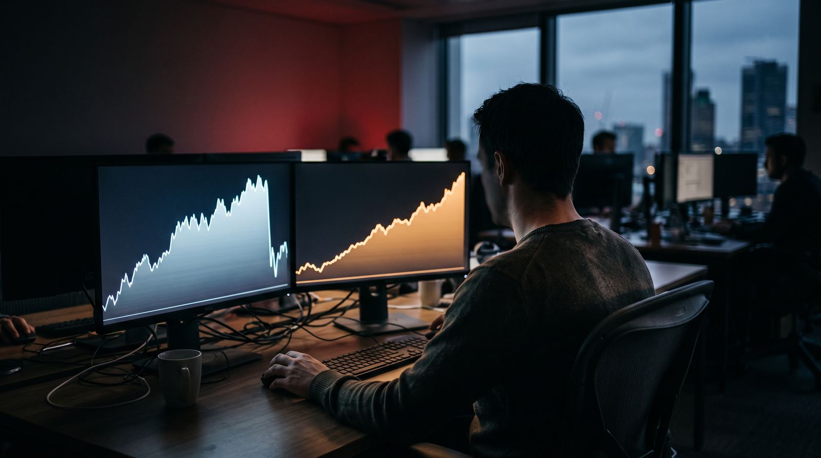 A trader silhouetted against two screens showing a broken rising line and a steadily climbing line
