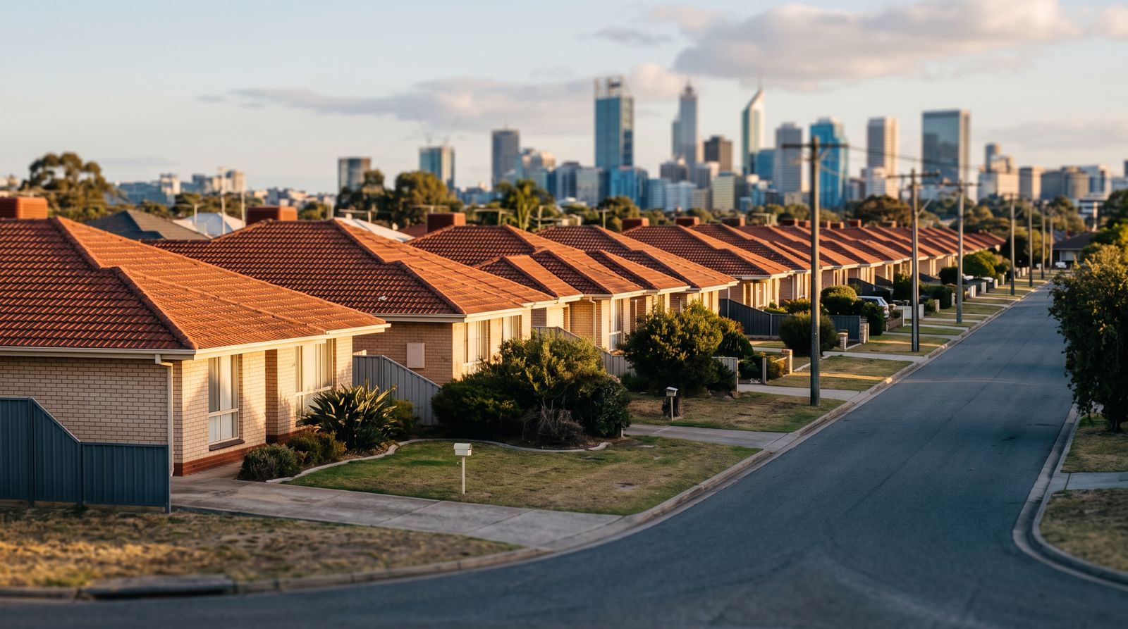 Row of suburban Australian homes at golden hour with a financial district skyline blurred in the distance