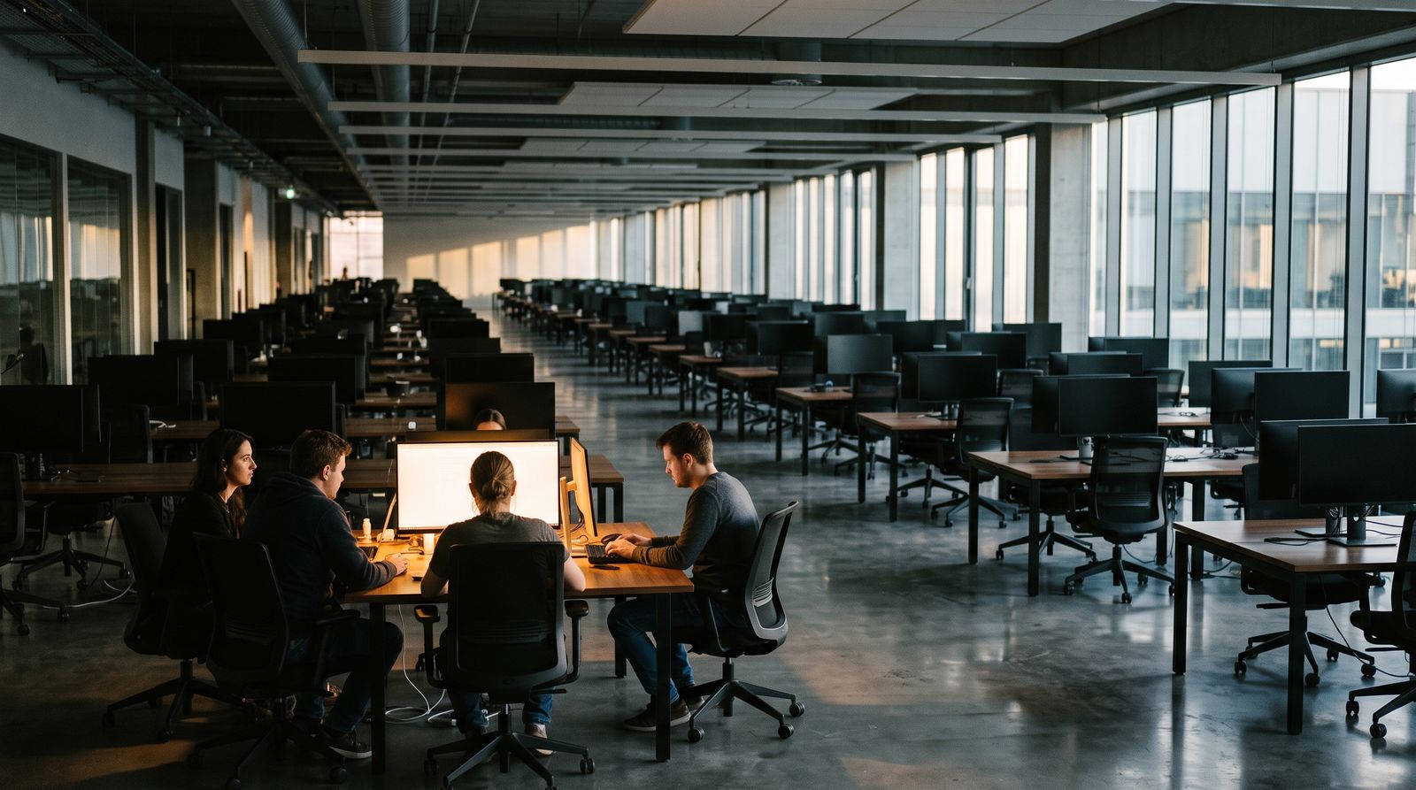 A largely empty open-plan office with one small cluster of workers at a single lit desk