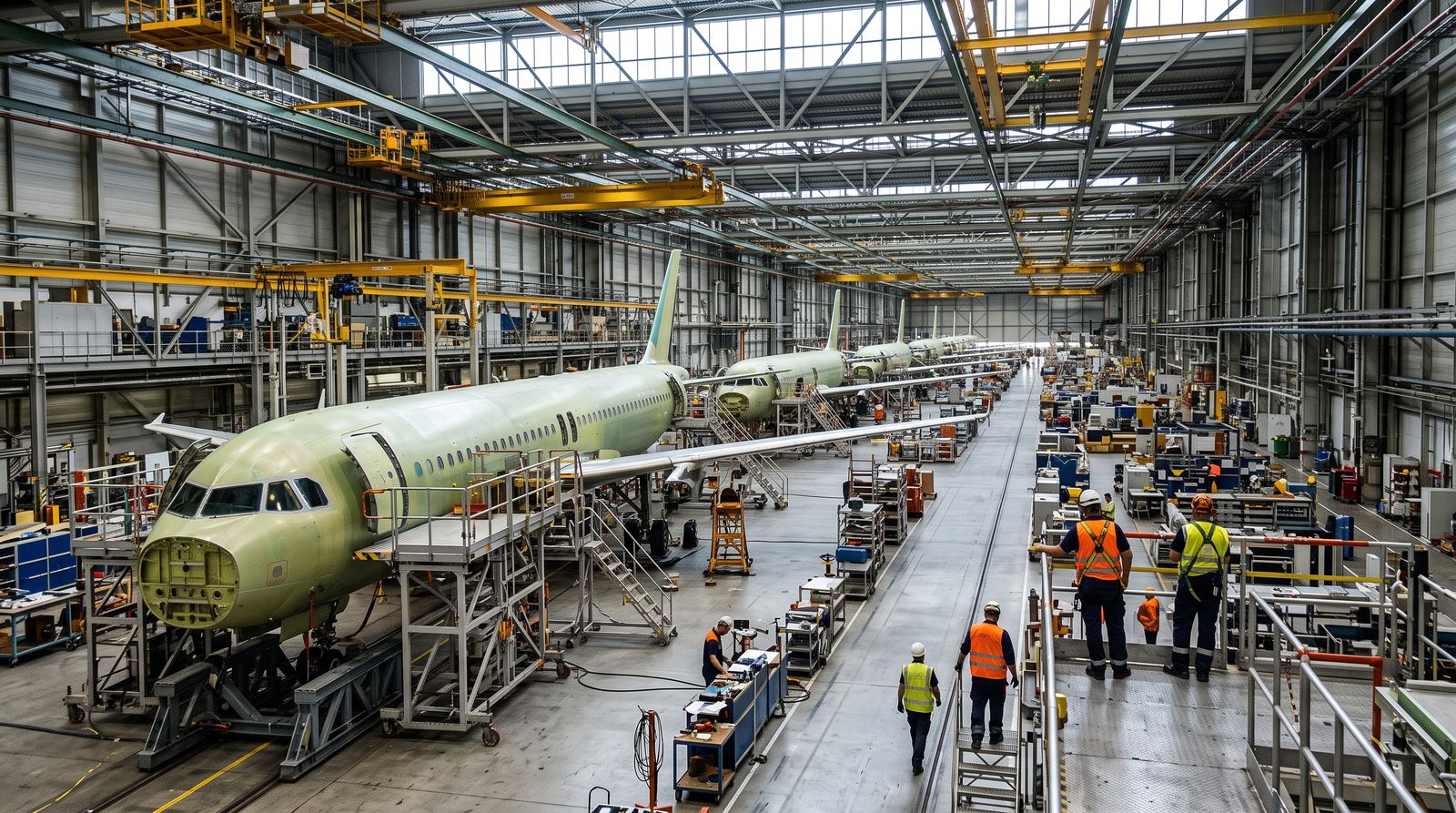 Unpainted airliner fuselages lined up inside a vast assembly hall