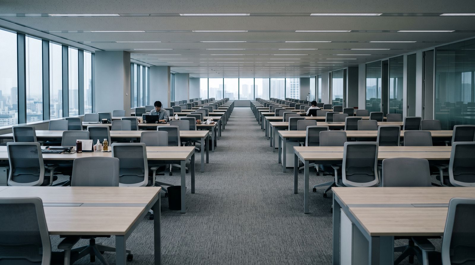 Rows of empty desks on a modern open-plan office floor with a few distant workers