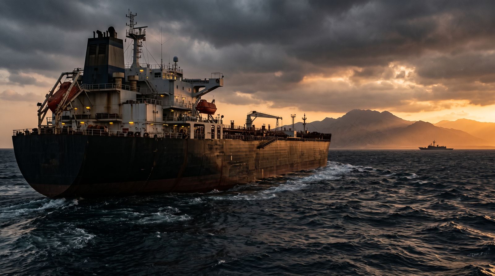 Oil supertanker transiting a narrow strait at dusk under a tense sky